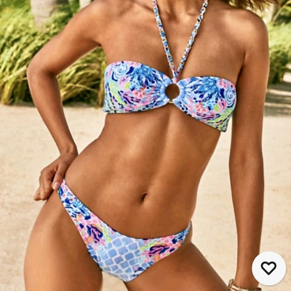 Lilly Pulitzer Blue and Pink Floral Bikini Bandeau. Top 12, Bottom 8